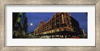 Framed Low angle view of buildings lit up at night, Harrods, London, England