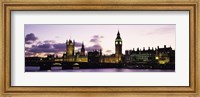 Framed Buildings lit up at dusk, Big Ben, Houses of Parliament, Thames River, City Of Westminster, London, England