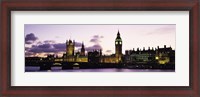 Framed Buildings lit up at dusk, Big Ben, Houses of Parliament, Thames River, City Of Westminster, London, England