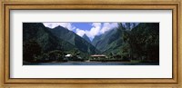 Framed Mountains and buildings on the coast, Tahiti, French Polynesia