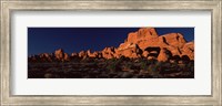 Framed Rock formations on an arid landscape, Arches National Park, Moab, Grand County, Utah, USA