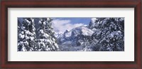 Framed Mountains and waterfall in snow, Tunnel View, El Capitan, Half Dome, Bridal Veil, Yosemite National Park, California