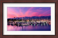 Framed Boats moored in harbor at sunset, Santa Barbara Harbor, Santa Barbara County, California, USA