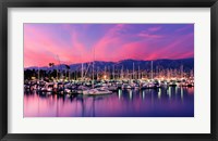 Framed Boats moored in harbor at sunset, Santa Barbara Harbor, Santa Barbara County, California, USA