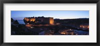 Framed Castle lit up at night, Bonifacio Harbour, Corsica, France