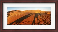 Framed Shadows of camel riders in the desert at sunset, Sahara Desert, Morocco