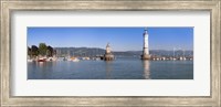 Framed Entrance of the harbor with the Bavarian lion and the lighthouse, Lindau, Lake Constance, Bavaria, Germany