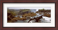 Framed Log on the rocks at the top of the Victoria Falls with Victoria Falls Bridge in the background, Zimbabwe