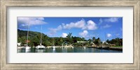 Framed Yachts and small fishing boats at the harbor on La Digue Island, Seychelles