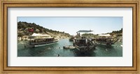 Framed Boats with people swimming in the Mediterranean sea, Kas, Antalya Province, Turkey