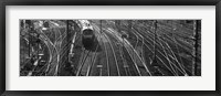 Framed High angle view of a train on railroad track in a shunting yard, Germany