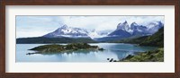Framed Island in a lake, Lake Pehoe, Hosteria Pehoe, Cuernos Del Paine, Torres del Paine National Park, Patagonia, Chile