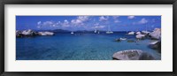 Framed Rocks at the coast with boats in the background, The Baths, Virgin Gorda, British Virgin Islands