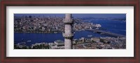 Framed Mid section view of a minaret with bridge across the bosphorus in the background, Istanbul, Turkey