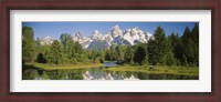 Framed Reflection of a snowcapped mountain in water, Near Schwabachers Landing, Grand Teton National Park, Wyoming, USA