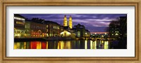 Framed Reflection of night lights in River Limmat Zurich Switzerland
