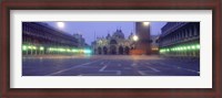 Framed Street lights lit up in front of a cathedral at sunrise, St. Mark's Cathedral, St. Mark's Square, Venice, Veneto, Italy