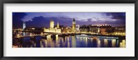 Framed Buildings lit up at dusk, Big Ben, Houses Of Parliament, London, England