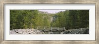 Framed Wooden footbridge across a stream in a mountain range, Switzerland