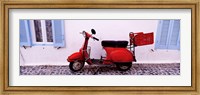 Framed Motor scooter parked in front of a building, Santorini, Cyclades Islands, Greece