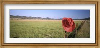 Framed USA, California, Red cowboy hat hanging on the fence