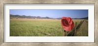 Framed USA, California, Red cowboy hat hanging on the fence