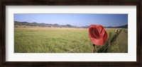 Framed USA, California, Red cowboy hat hanging on the fence