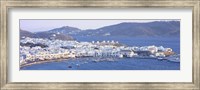 Framed High angle view of a town on the waterfront, Mykonos harbor, Cyclades Islands, Greece