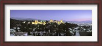 Framed High angle view of a castle lit up at dusk, Alhambra, Granada, Andalusia, Spain