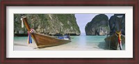Framed Longtail boats moored on the beach, Mahya Beach, Ko Phi Phi Lee, Phi Phi Islands, Thailand