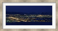 Framed High angle view of city lit up at night, Reykjavik, Iceland