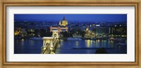 Framed High angle view of a suspension bridge lit up at dusk, Chain Bridge, Danube River, Budapest, Hungary