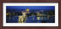 Framed High angle view of a suspension bridge lit up at dusk, Chain Bridge, Danube River, Budapest, Hungary