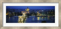 Framed High angle view of a suspension bridge lit up at dusk, Chain Bridge, Danube River, Budapest, Hungary