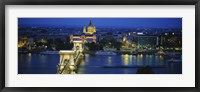 Framed High angle view of a suspension bridge lit up at dusk, Chain Bridge, Danube River, Budapest, Hungary