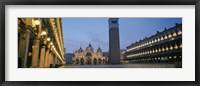 Framed Cathedral lit up at dusk, St. Mark's Cathedral, St. Mark's Square, Venice, Veneto, Italy
