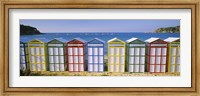 Framed Beach huts in a row on the beach, Catalonia, Spain