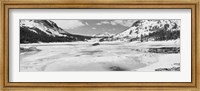Framed Lake and snowcapped mountains, Tioga Lake, Inyo National Forest, Eastern Sierra, California (black and white)