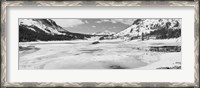 Framed Lake and snowcapped mountains, Tioga Lake, Inyo National Forest, Eastern Sierra, California (black and white)