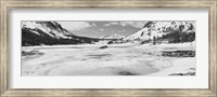 Framed Lake and snowcapped mountains, Tioga Lake, Inyo National Forest, Eastern Sierra, California (black and white)