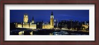 Framed Buildings lit up at dusk, Westminster Bridge, Big Ben, Houses Of Parliament, Westminster, London, England