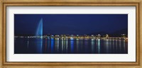 Framed Buildings lit up at night, Jet D'eau, Lake Geneva, Lausanne, Switzerland