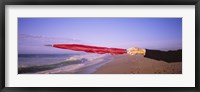 Framed Close-up of a woman's hand pointing with a red umbrella, Point Reyes National Seashore, California, USA