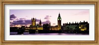 Framed Buildings lit up at dusk, Big Ben, Houses of Parliament, Thames River, City Of Westminster, London, England