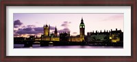 Framed Buildings lit up at dusk, Big Ben, Houses of Parliament, Thames River, City Of Westminster, London, England