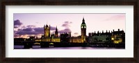 Framed Buildings lit up at dusk, Big Ben, Houses of Parliament, Thames River, City Of Westminster, London, England