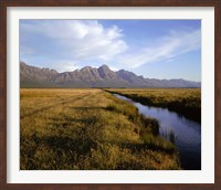 Framed River with a mountain range in the background, Hermon Farm, outside of Cape Town, South Africa