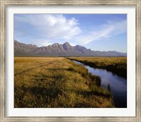 Framed River with a mountain range in the background, Hermon Farm, outside of Cape Town, South Africa