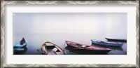 Framed Row boats in a river, Ganges River, Varanasi, Uttar Pradesh, India