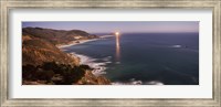Framed Lighthouse lit up at night, moonlight exposure, Big Sur, California, USA